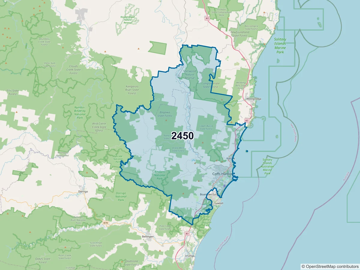 Map of postcode 2450 — Coffs Harbour, NSW, Australia
