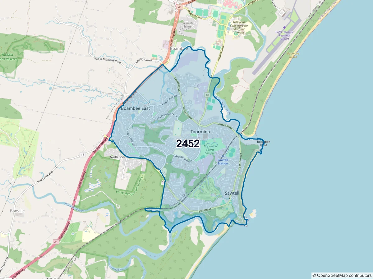 Map of postcode 2452 — Toormina, NSW, Australia