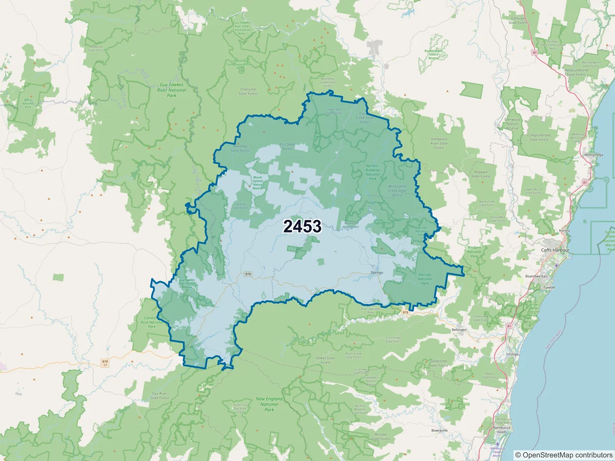 Map of postcode 2453 — Dorrigo, NSW, Australia