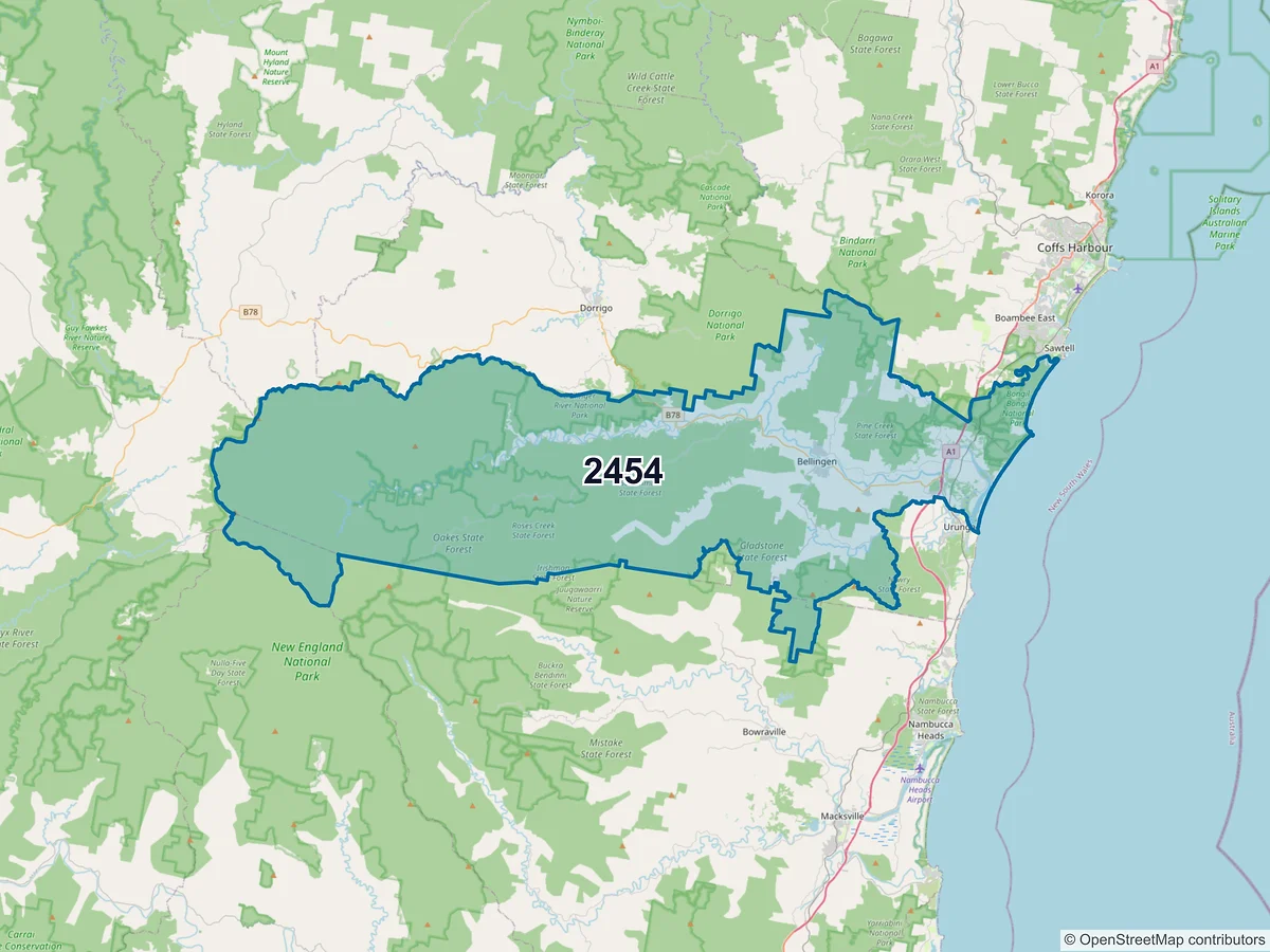 Map of postcode 2454 — Bellingen, NSW, Australia