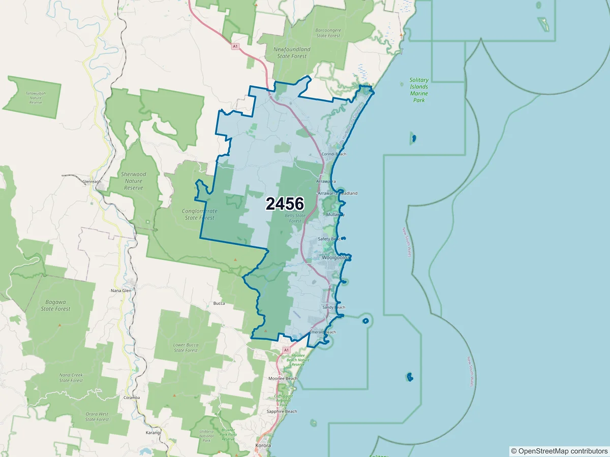 Map of postcode 2456 — Woolgoolga, NSW, Australia