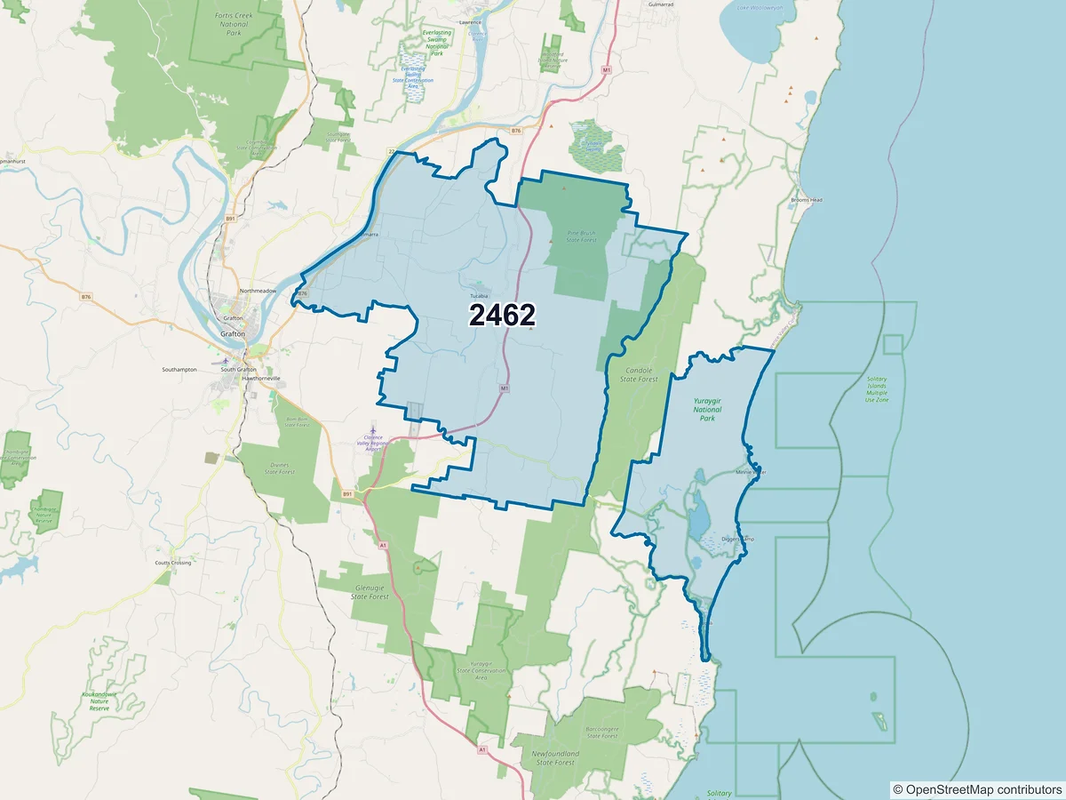 Map of postcode 2462 — Ulmarra, NSW, Australia