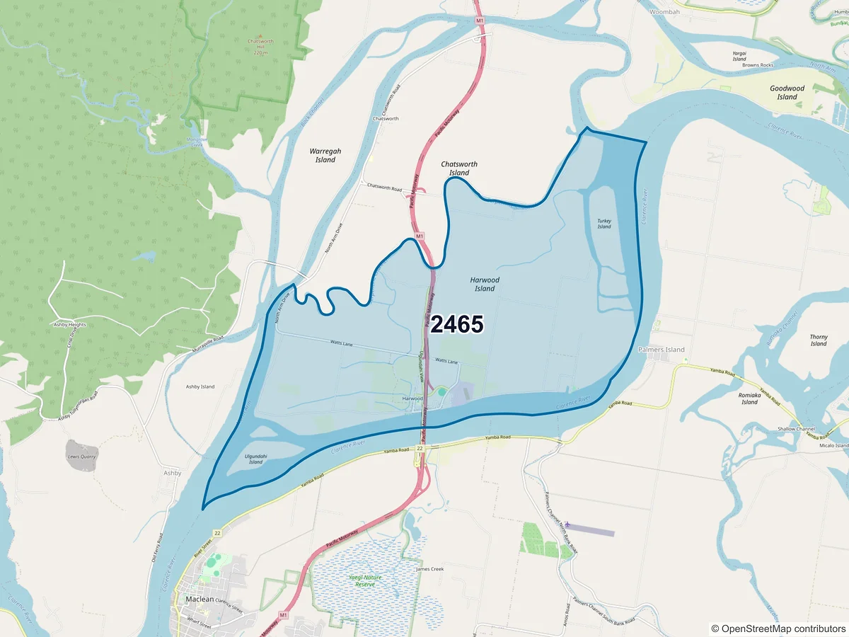 Map of postcode 2465 — Harwood, NSW, Australia