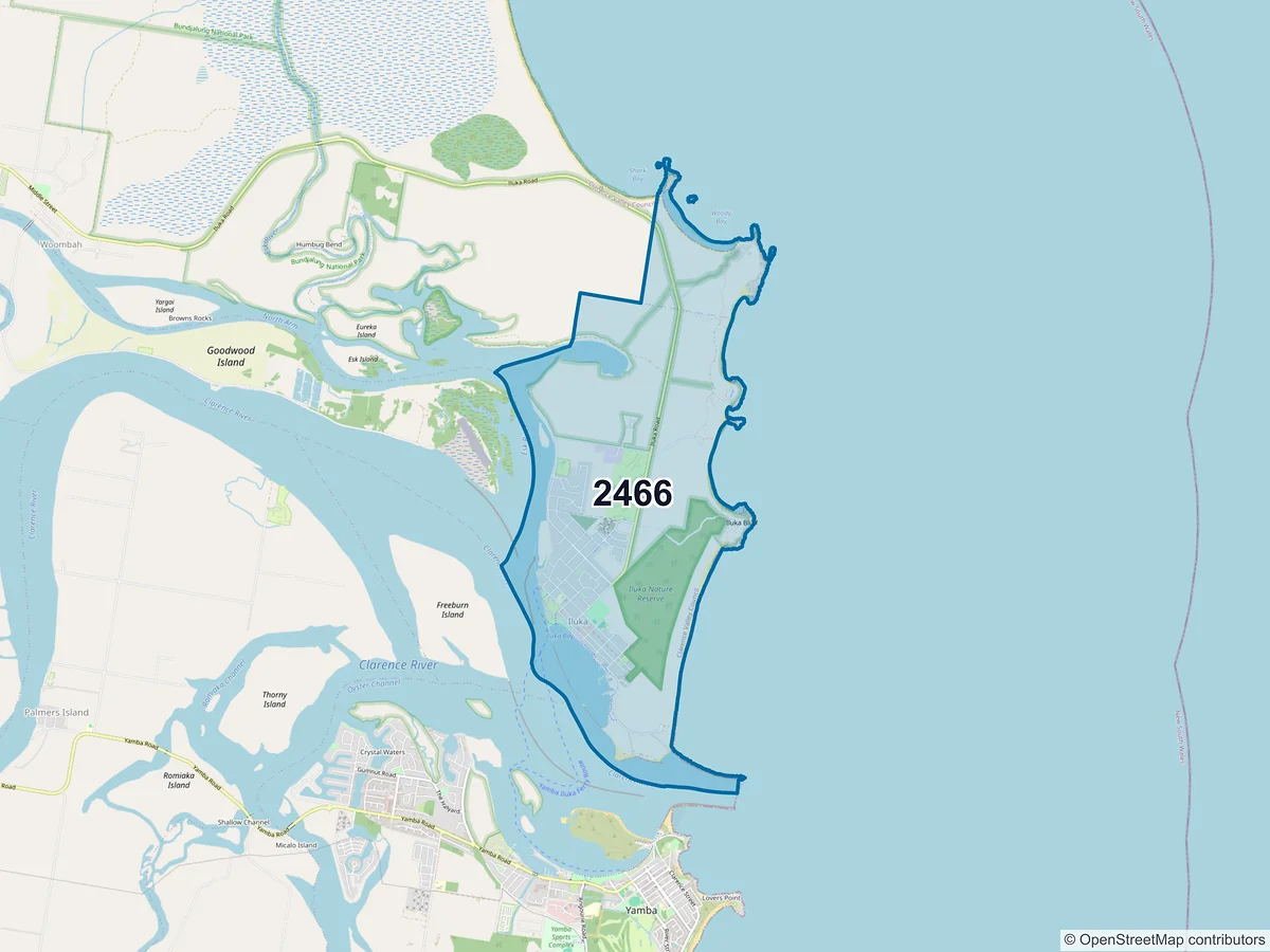 Map of postcode 2466 — Iluka, NSW, Australia
