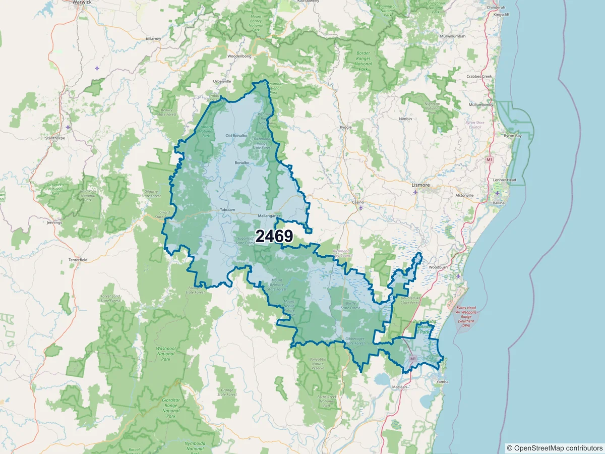Map of postcode 2469 — Woombah, NSW, Australia