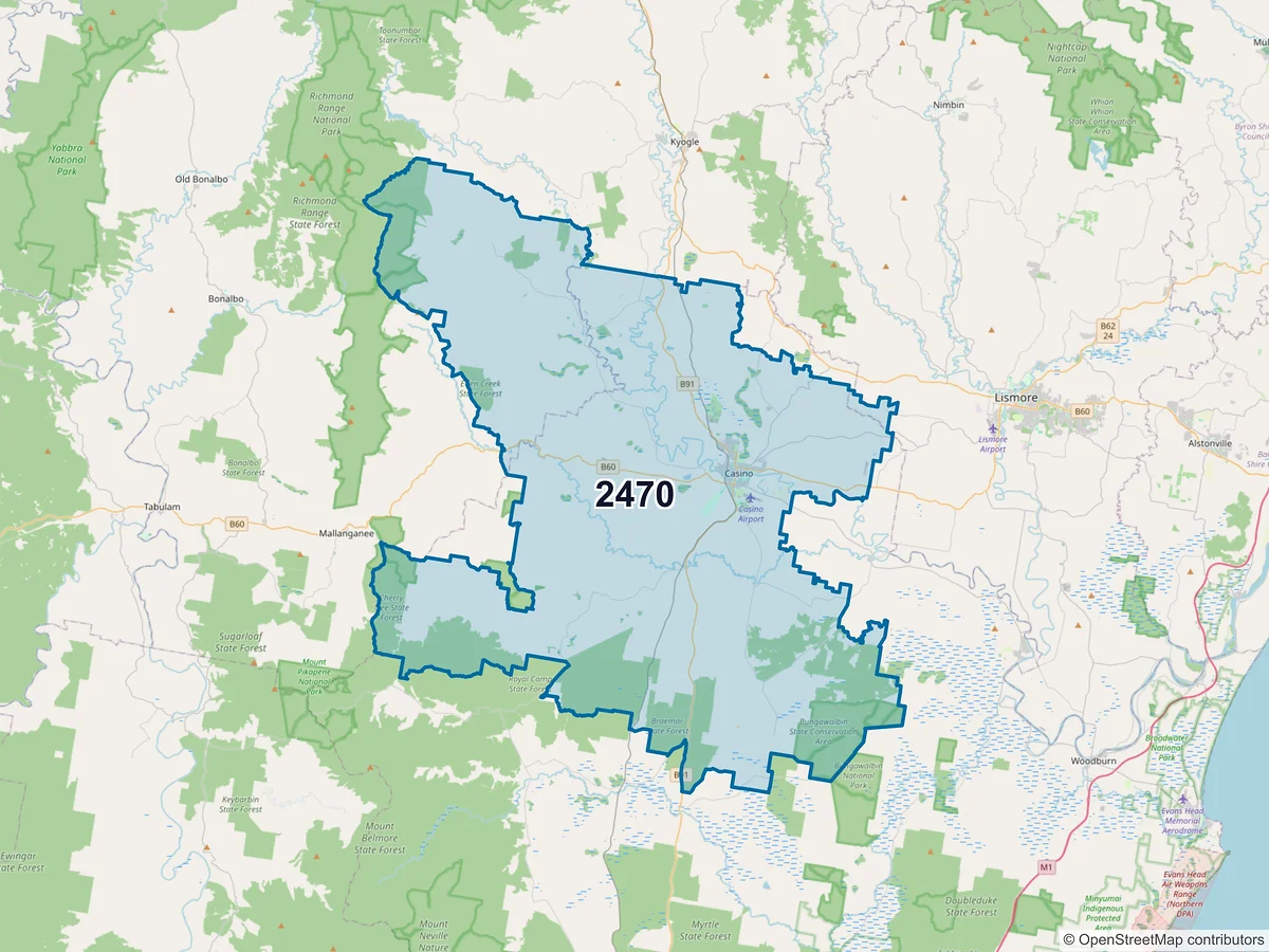 Map of postcode 2470 — Casino, NSW, Australia