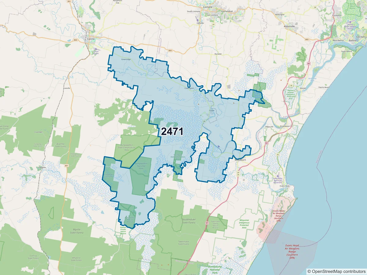Map of postcode 2471 — Coraki, NSW, Australia