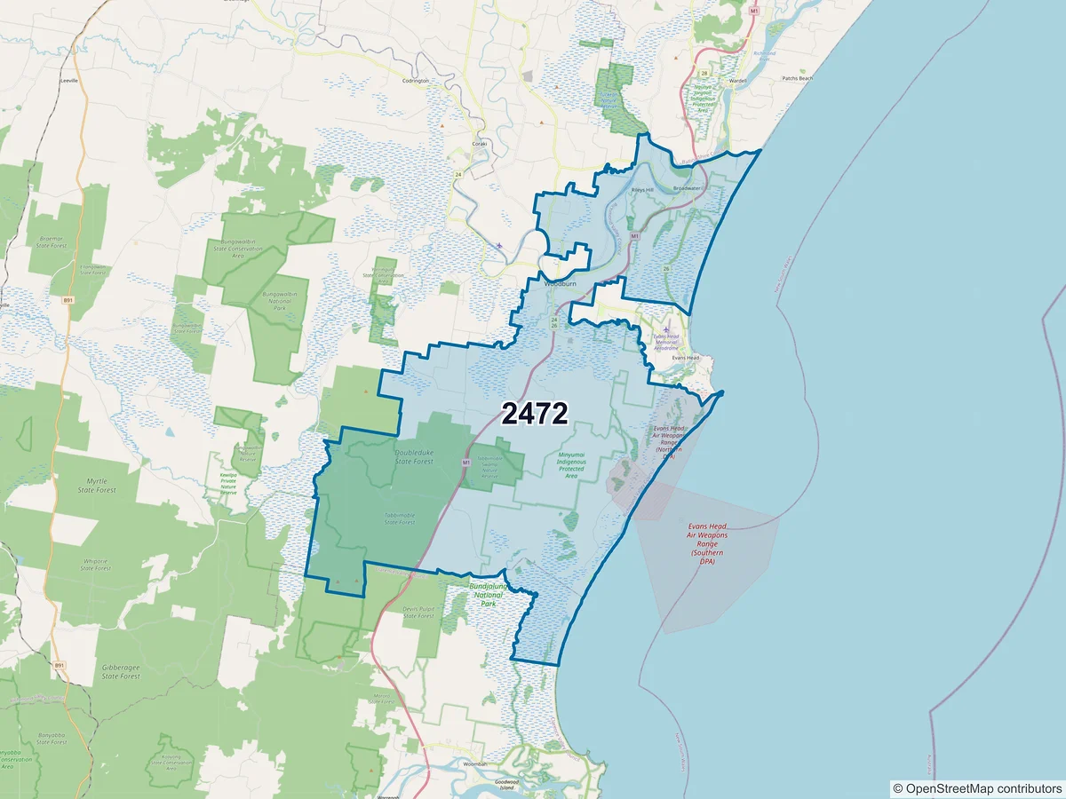 Map of postcode 2472 — Broadwater, NSW, Australia