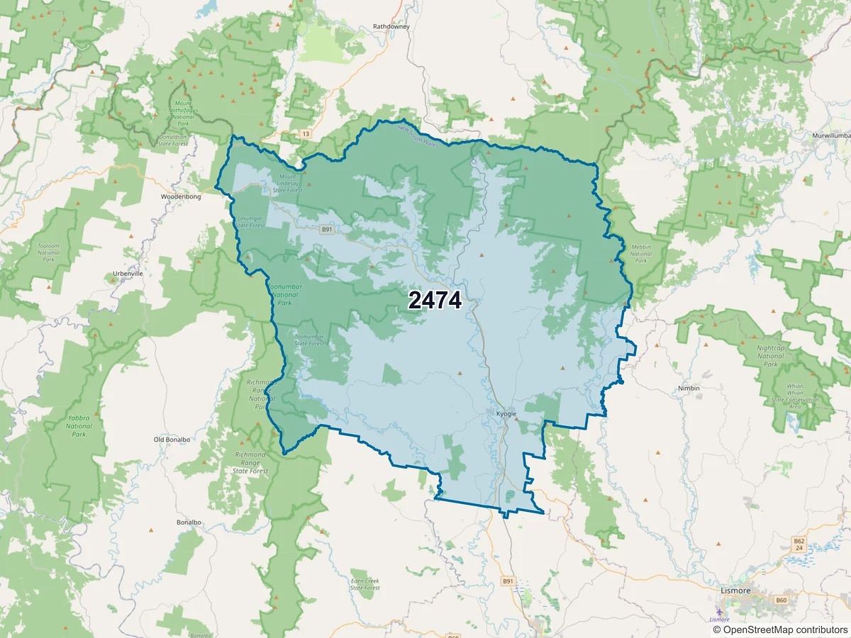 Map of postcode 2474 — Kyogle, NSW, Australia