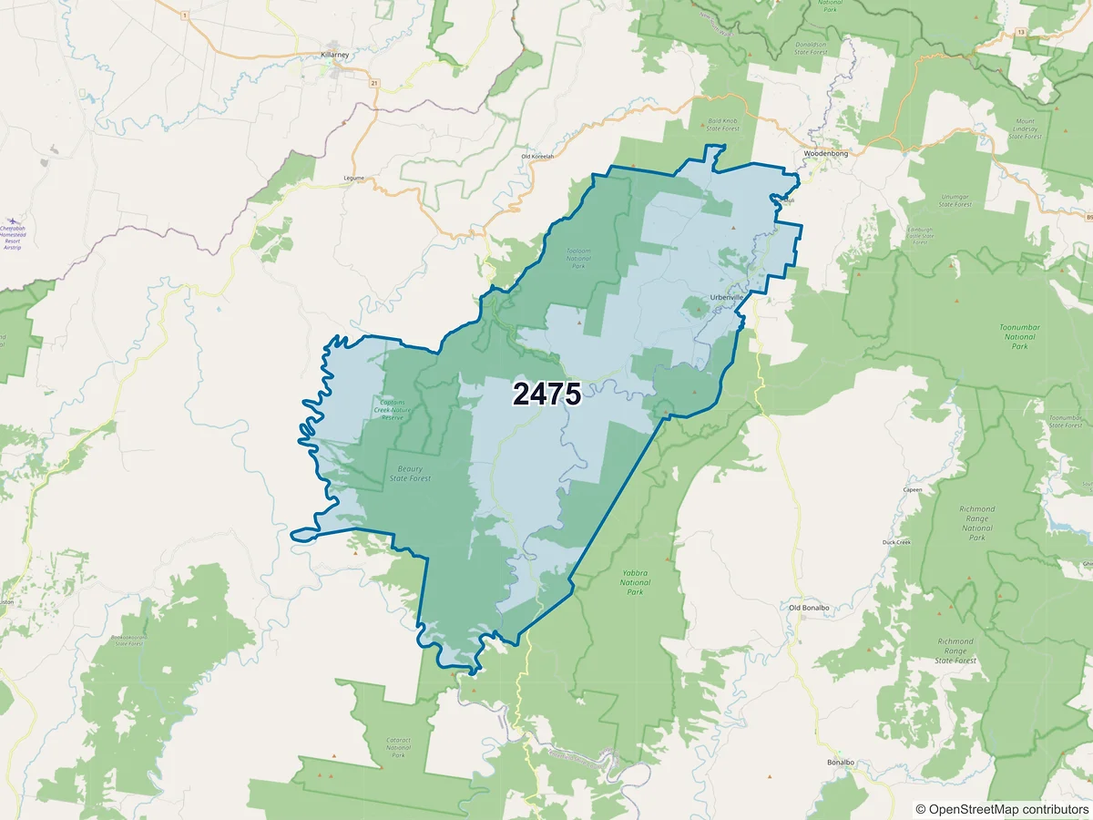 Map of postcode 2475 — Urbenville, NSW, Australia