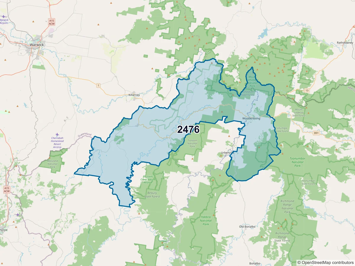 Map of postcode 2476 — Woodenbong, NSW, Australia