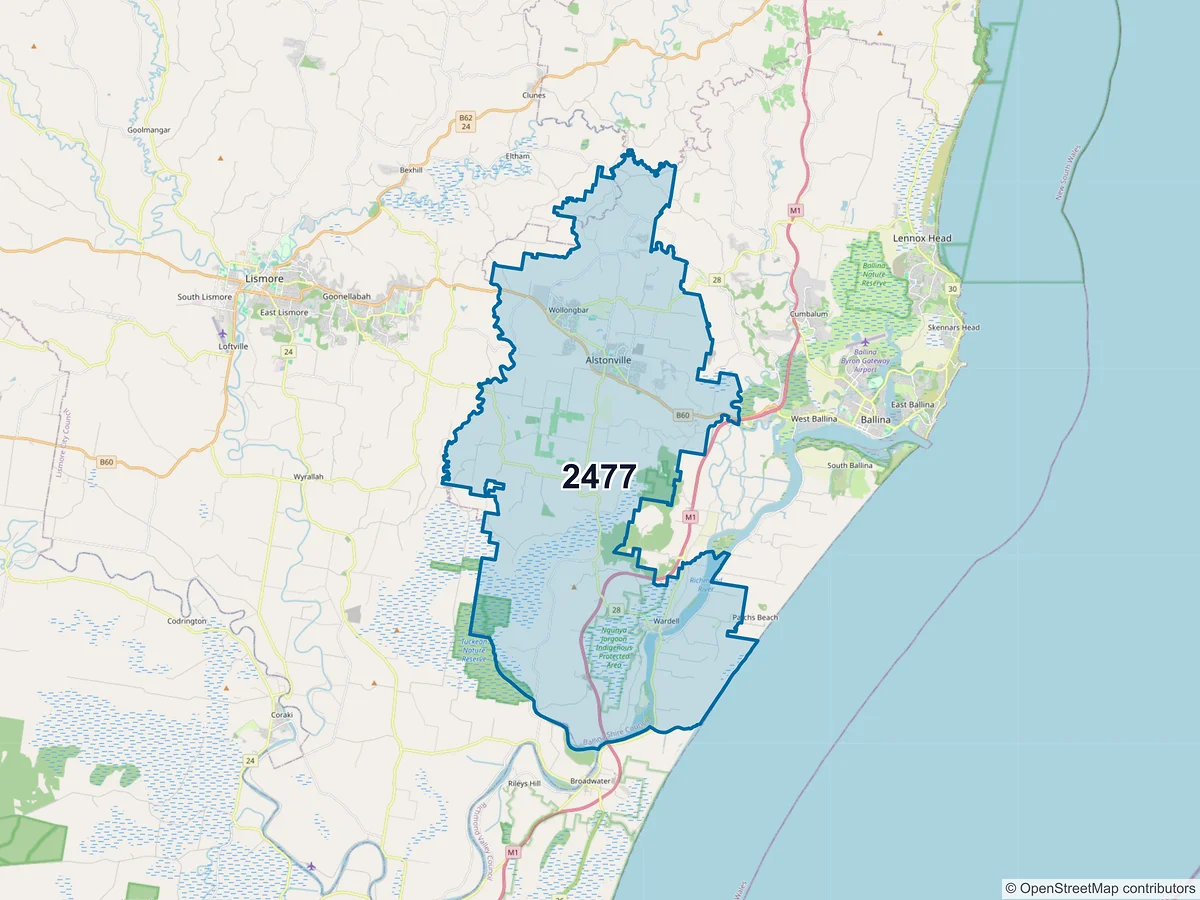 Map of postcode 2477 — Alstonville, NSW, Australia