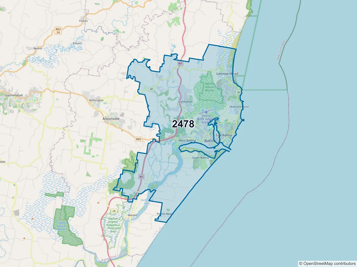 Map of postcode 2478 — Ballina, NSW, Australia