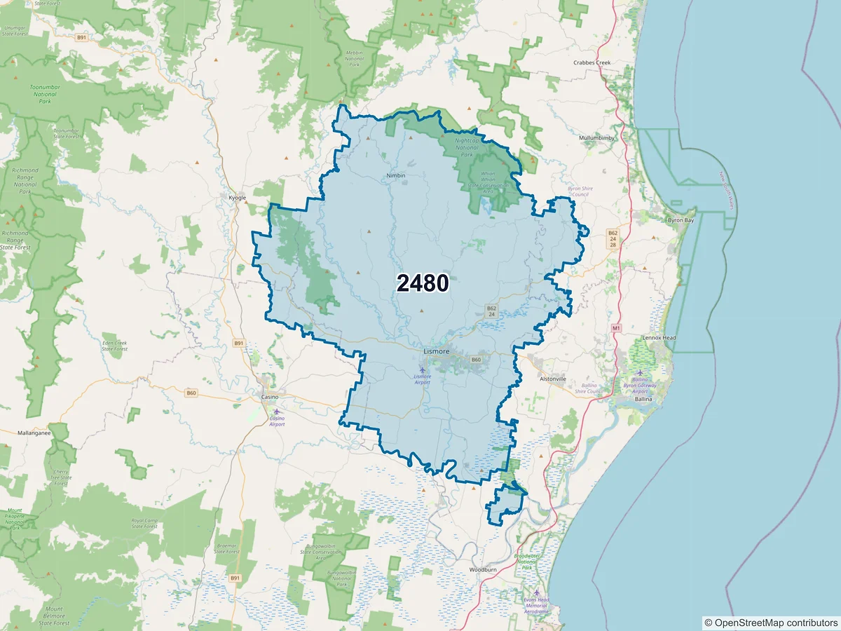 Map of postcode 2480 — Goonellabah, NSW, Australia