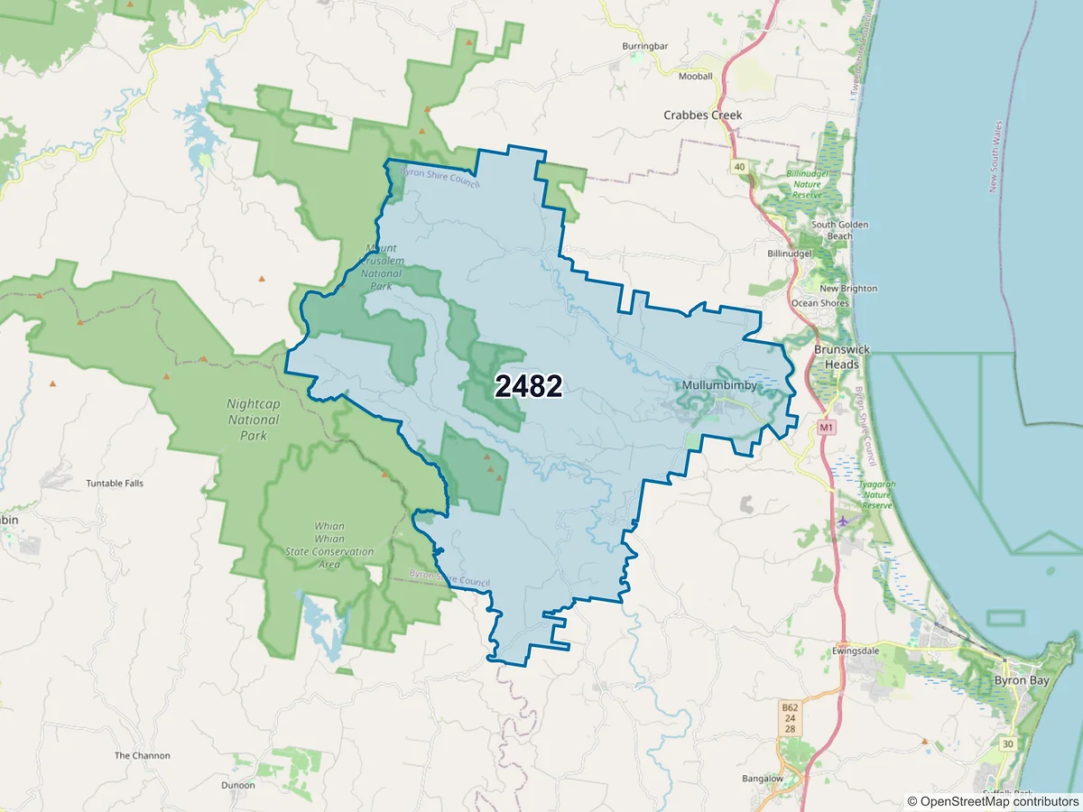 Map of postcode 2482 — Mullumbimby, NSW, Australia