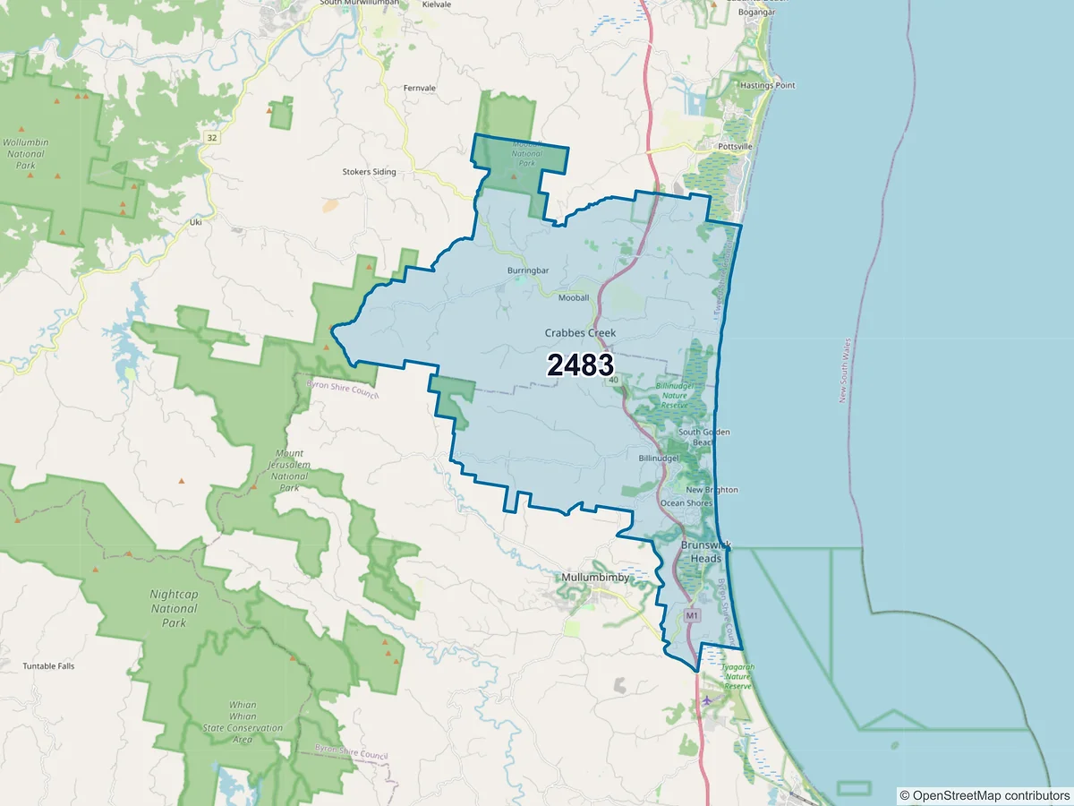 Map of postcode 2483 — Ocean Shores, NSW, Australia
