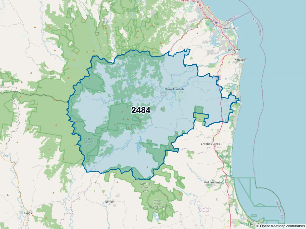 Map of postcode 2484 — Murwillumbah, NSW, Australia