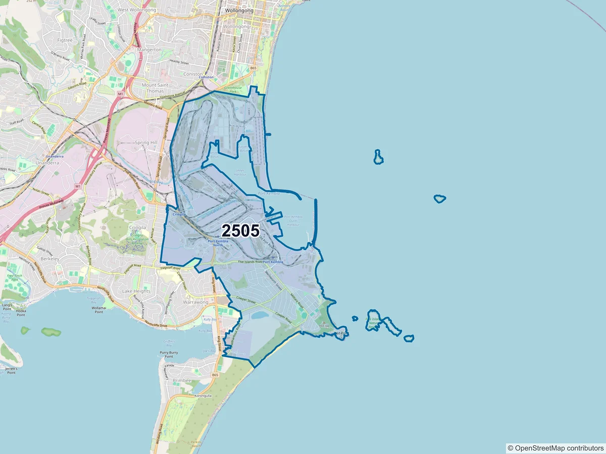 Map of postcode 2505 — Port Kembla, NSW, Australia