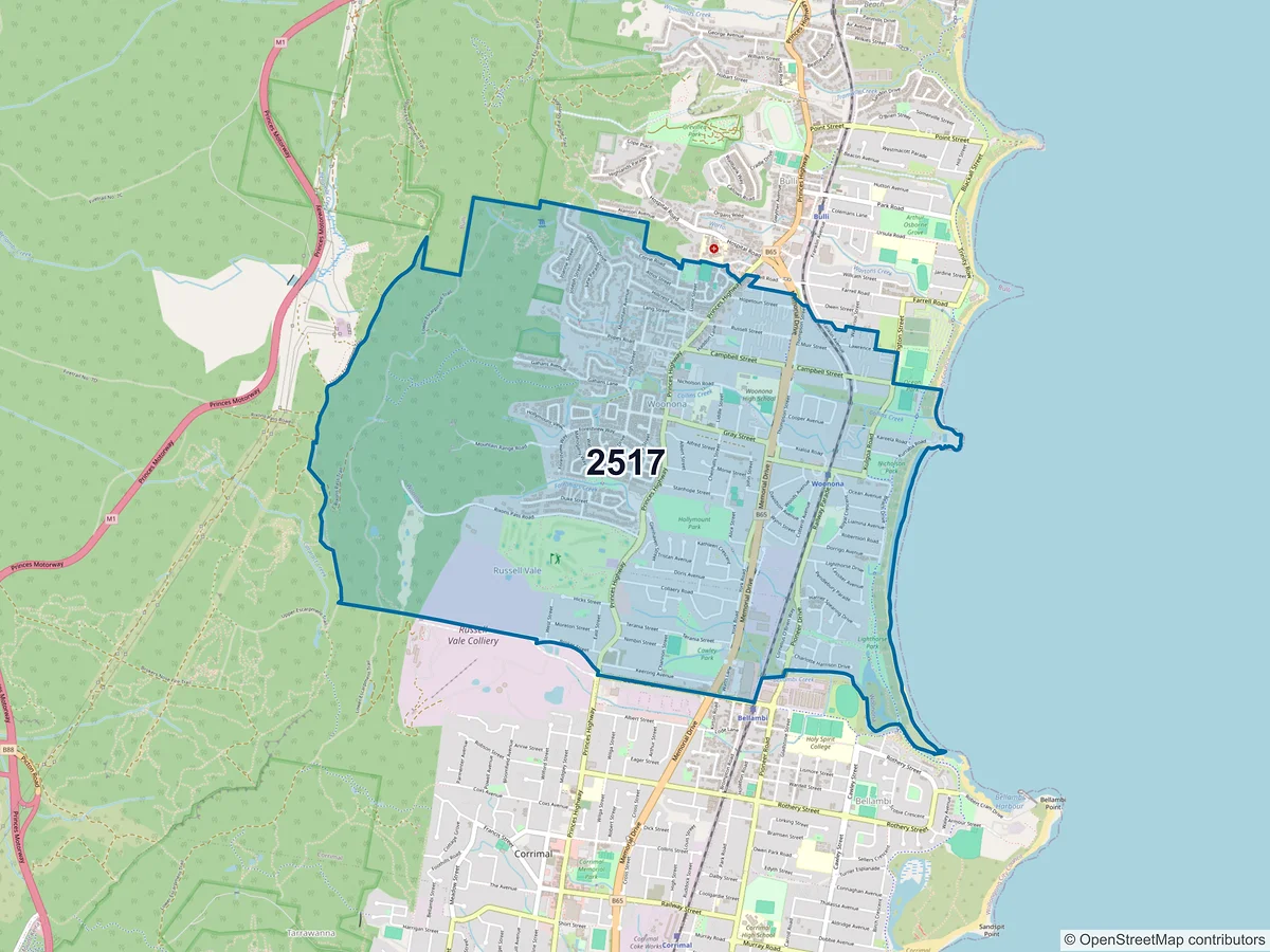 Map of postcode 2517 — Woonona, NSW, Australia