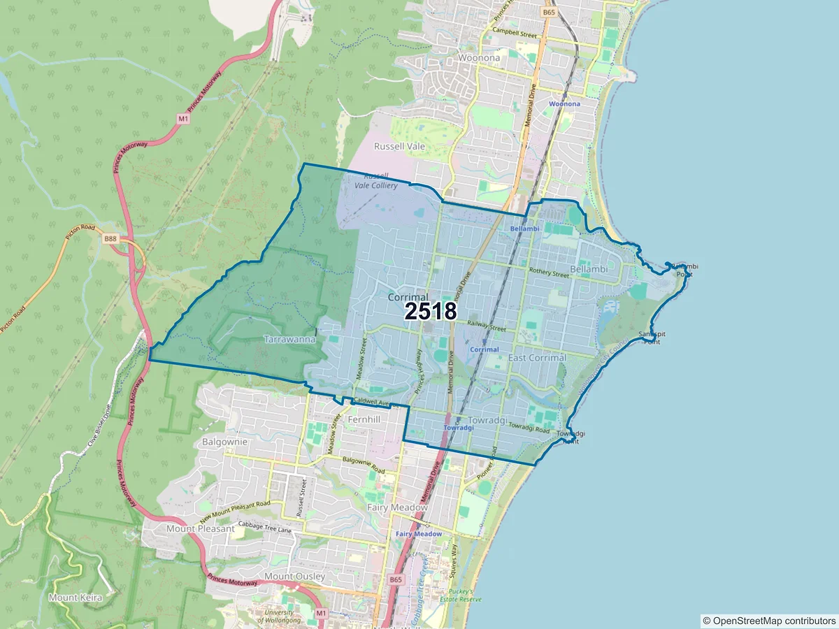 Map of postcode 2518 — Corrimal, NSW, Australia