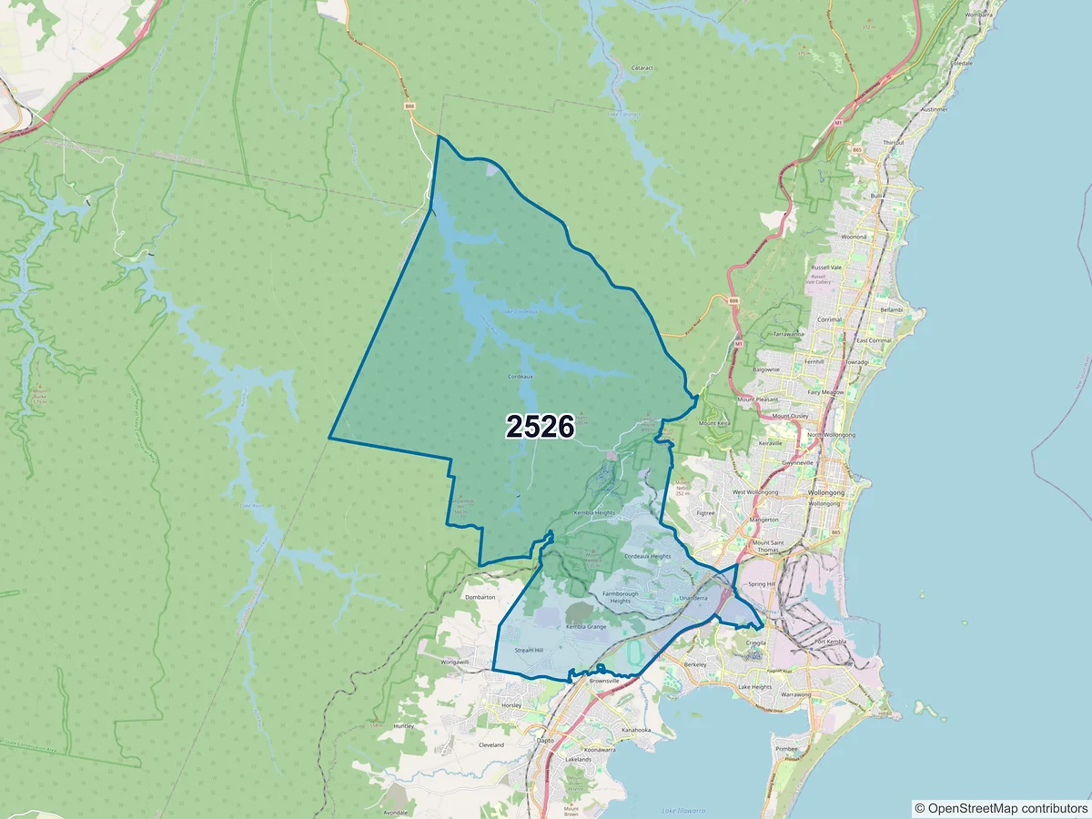 Map of postcode 2526 — Unanderra, NSW, Australia