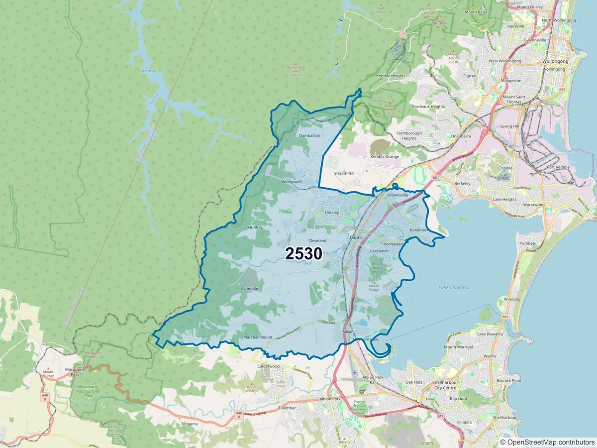 Map of postcode 2530 — Dapto, NSW, Australia