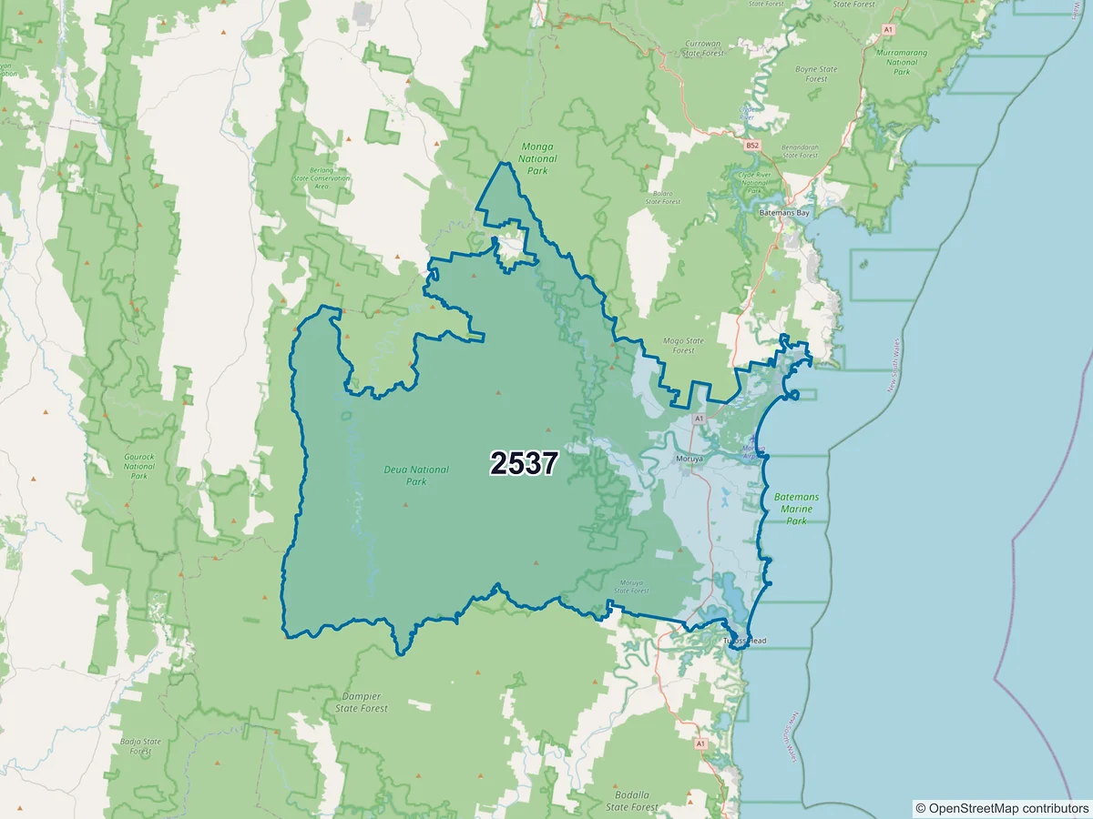 Map of postcode 2537 — Moruya, NSW, Australia