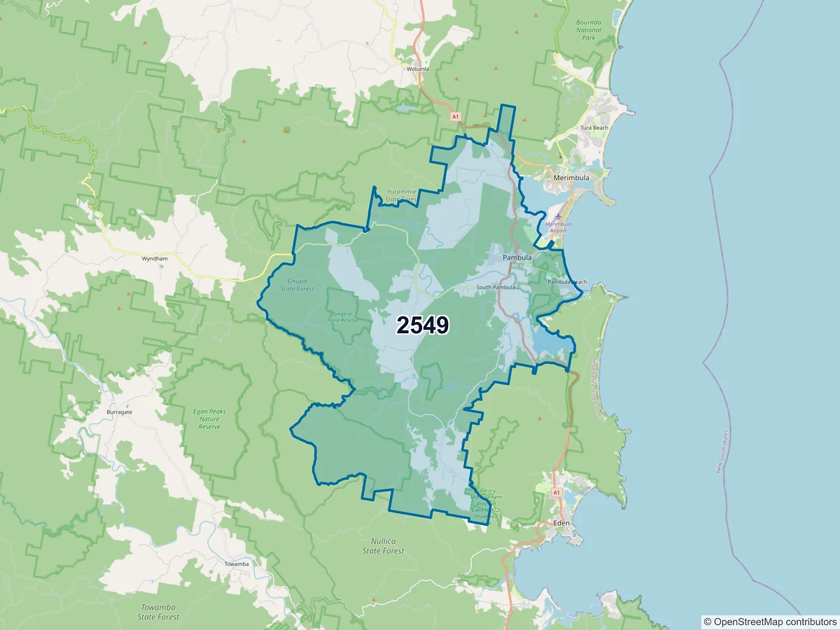 Map of postcode 2549 — Pambula, NSW, Australia