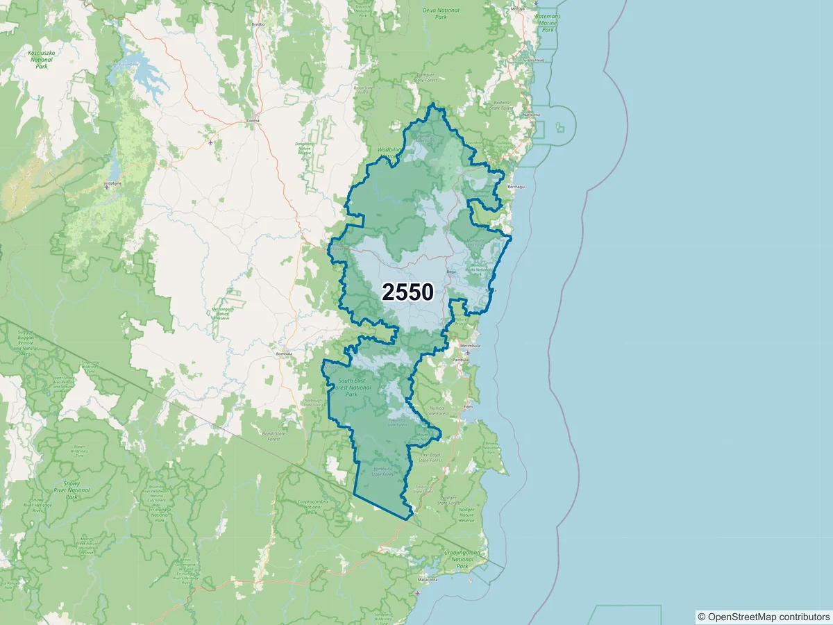 Map of postcode 2550 — Bega, NSW, Australia