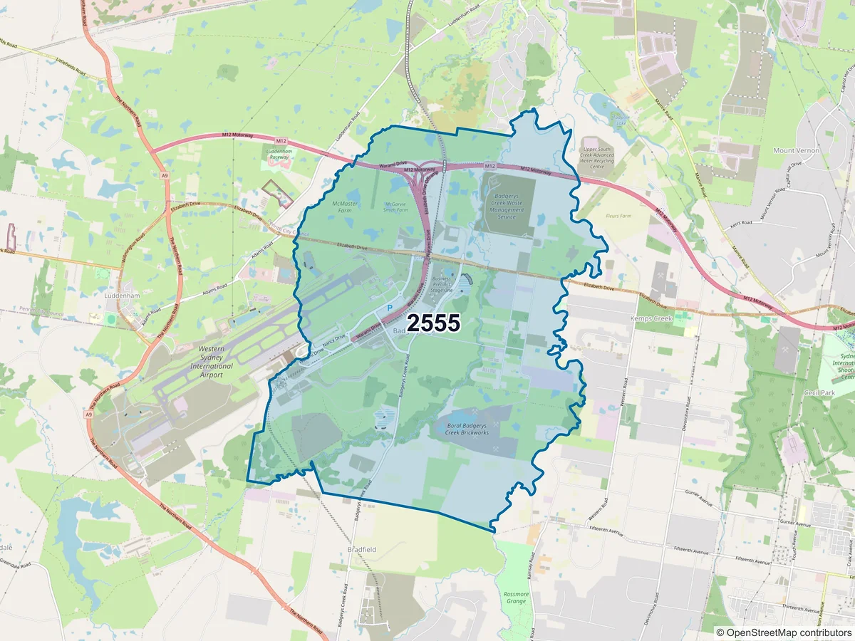 Map of postcode 2555 — Badgerys Creek, NSW, Australia