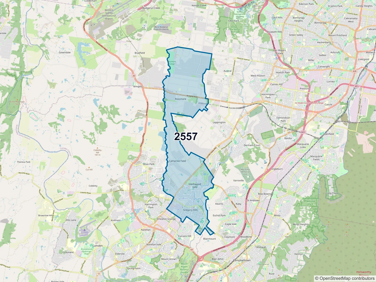 Map of postcode 2557 — Gregory Hills, NSW, Australia