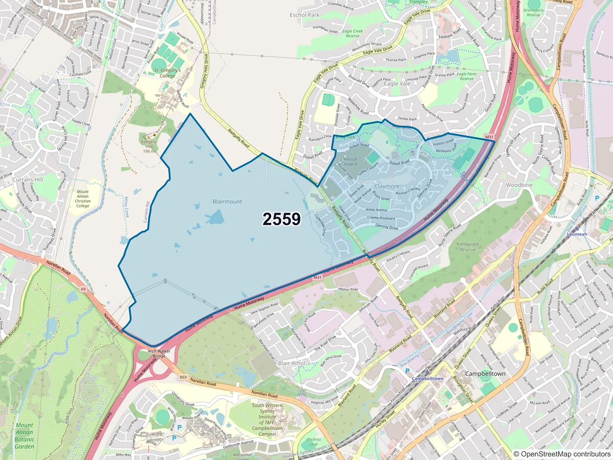 Map of postcode 2559 — Claymore, NSW, Australia