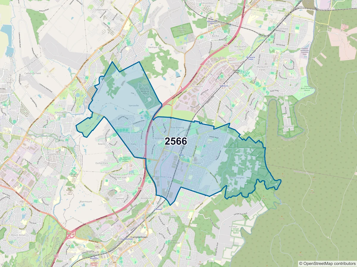 Map of postcode 2566 — Minto, NSW, Australia