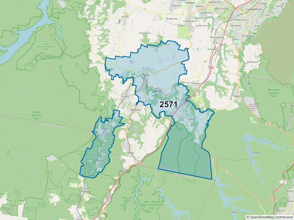 Map of postcode 2571 — Wilton, NSW, Australia