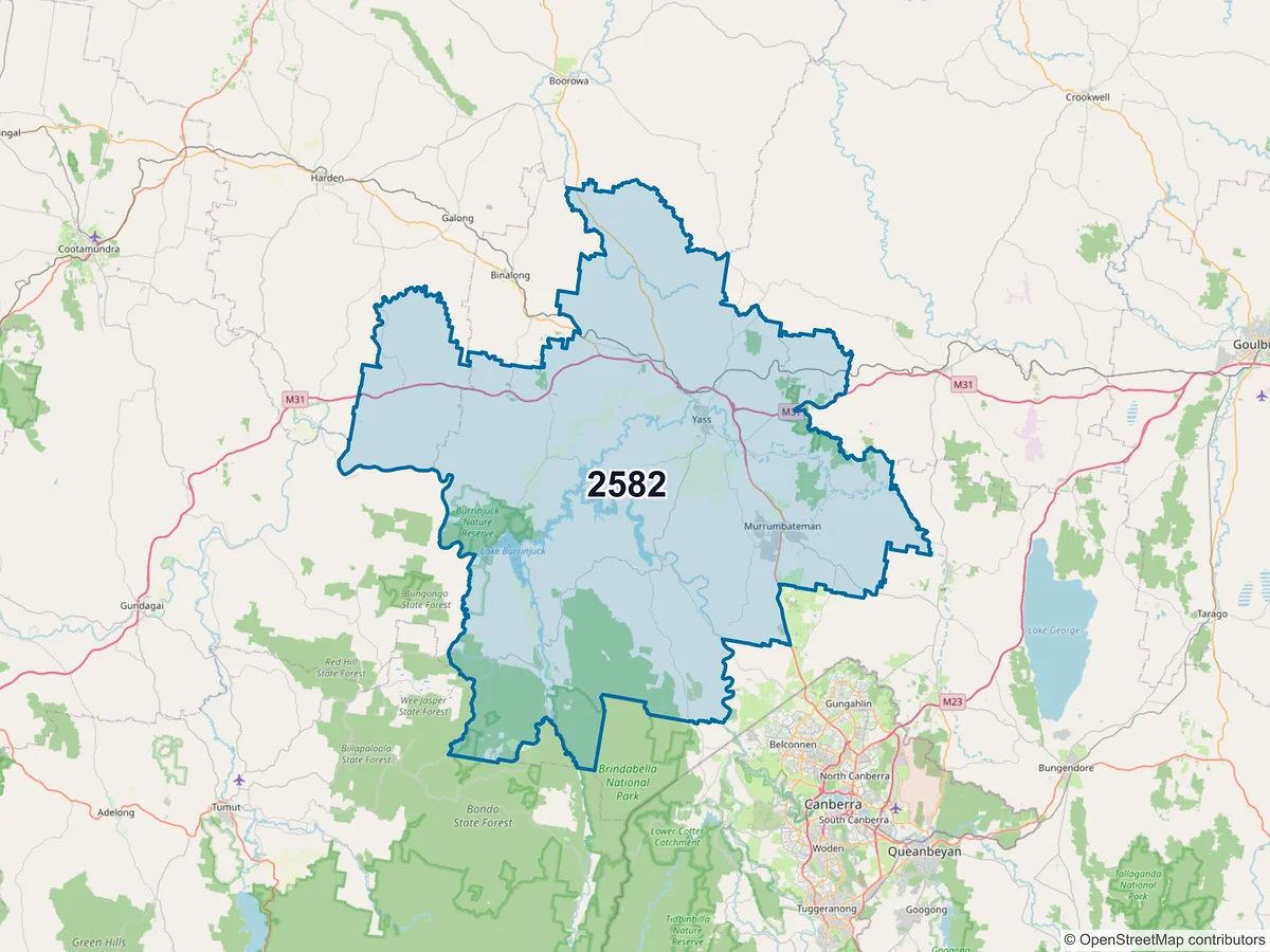 Map of postcode 2582 — Yass, NSW, Australia