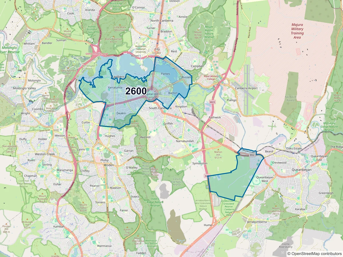 Map of postcode 2600 — Deakin, ACT, Australia