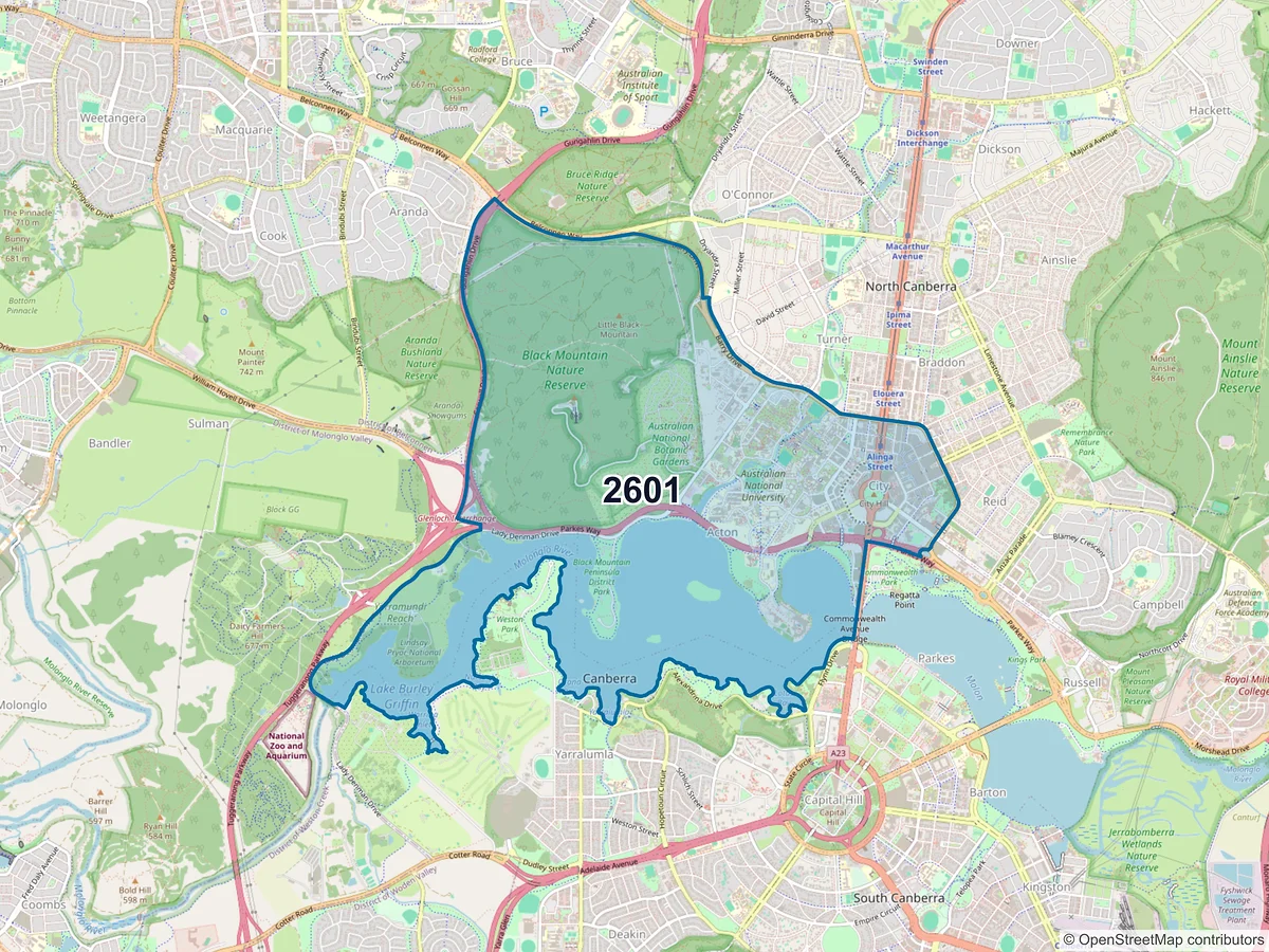 Map of postcode 2601 — City, ACT, Australia