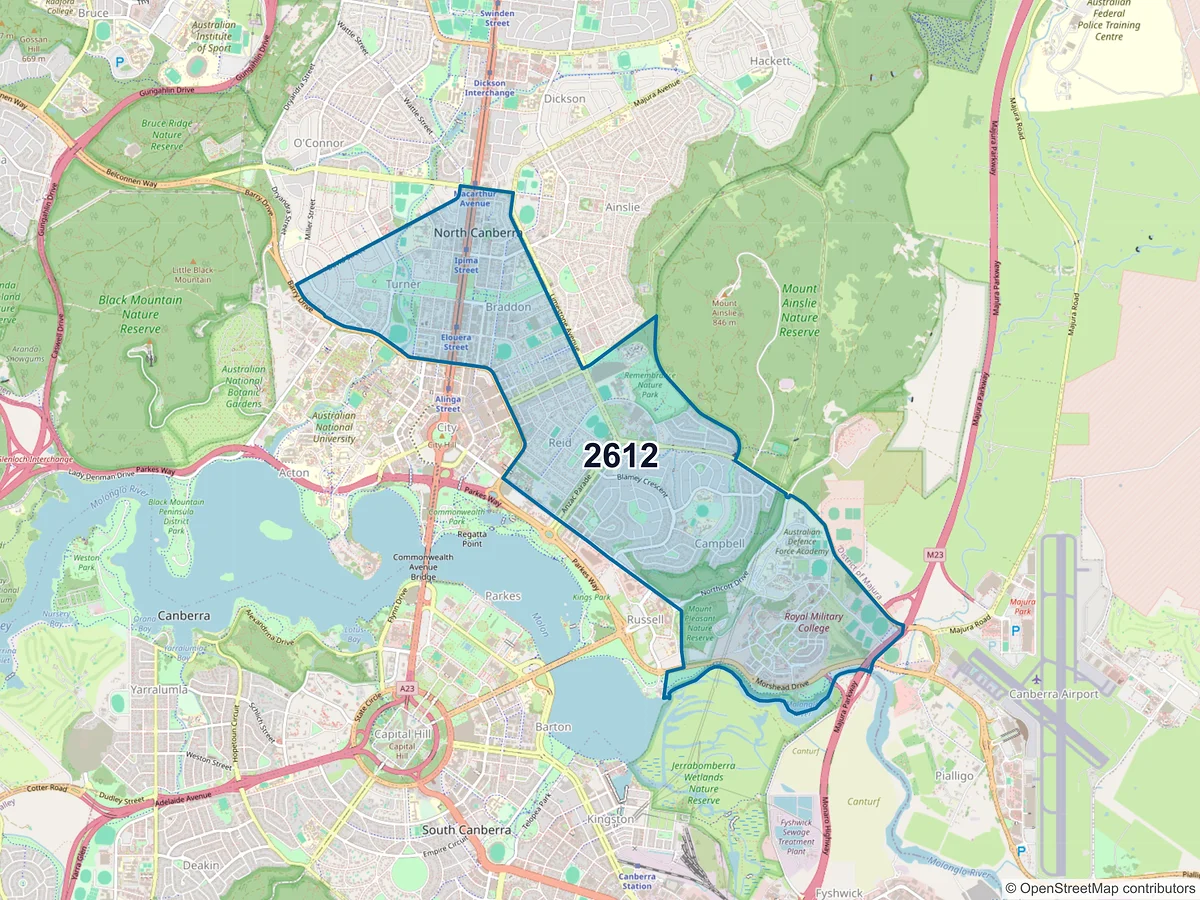 Map of postcode 2612 — Braddon, ACT, Australia