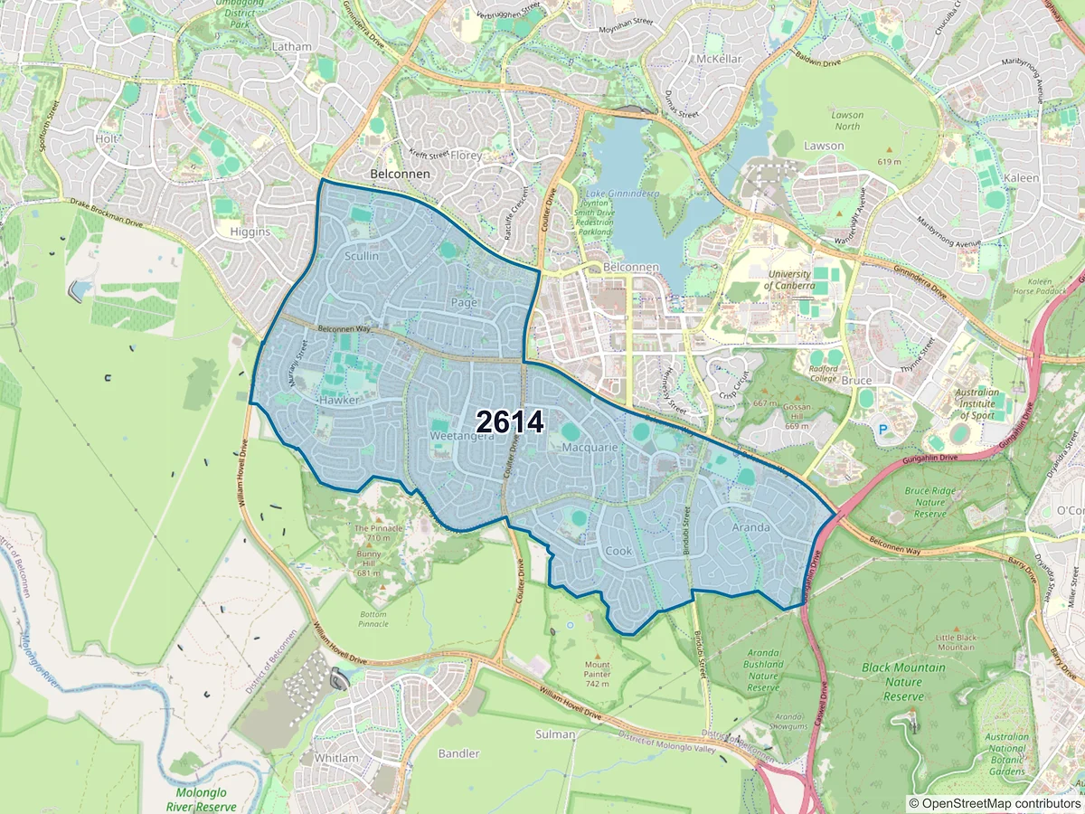 Map of postcode 2614 — Macquarie, ACT, Australia