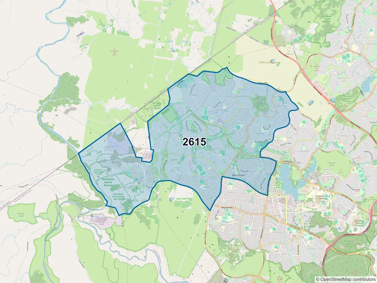 Map of postcode 2615 — Holt, ACT, Australia