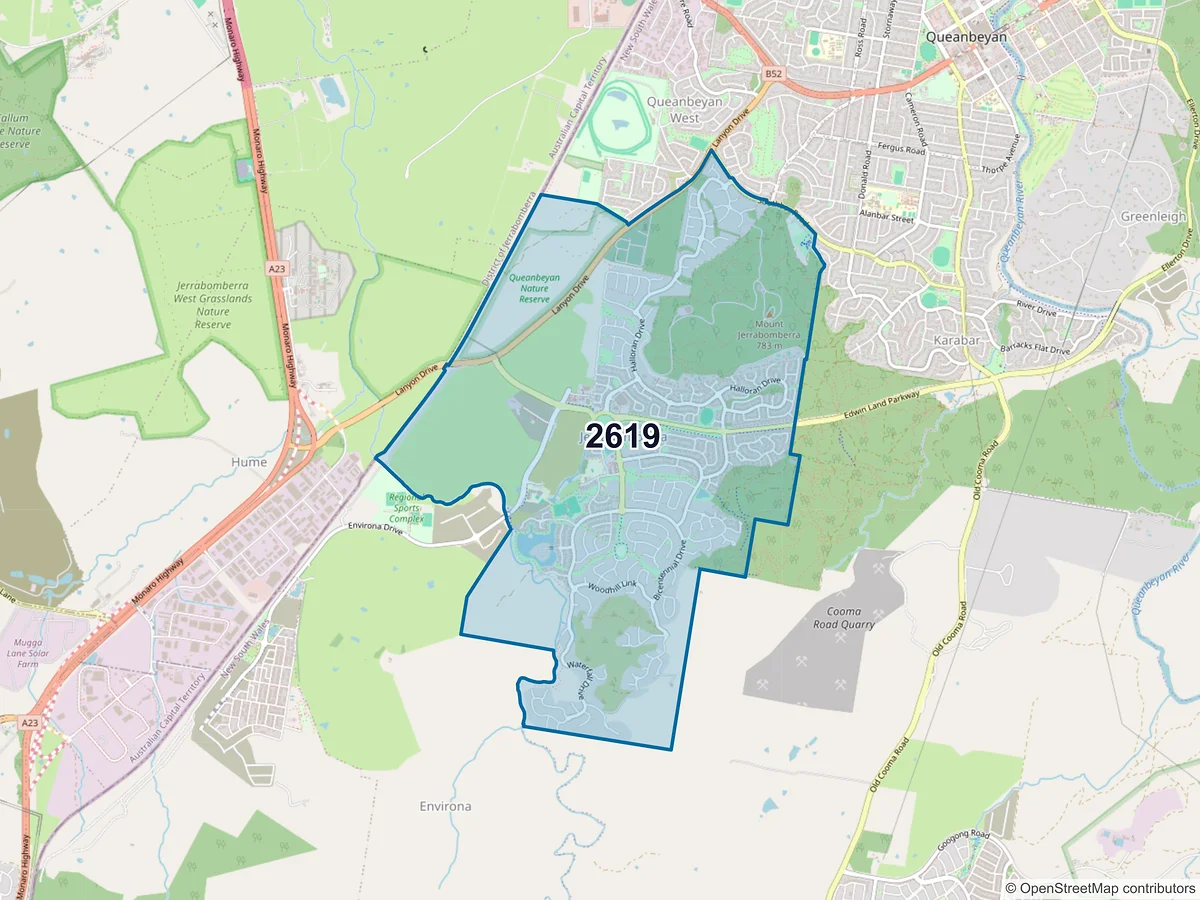 Map of postcode 2619 — Jerrabomberra, NSW, Australia