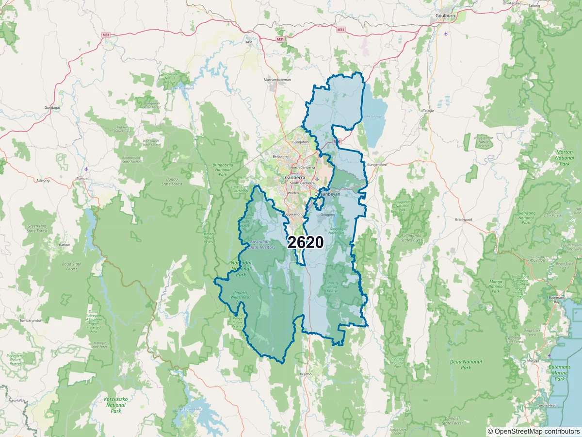 Map of postcode 2620 — Queanbeyan, NSW, Australia