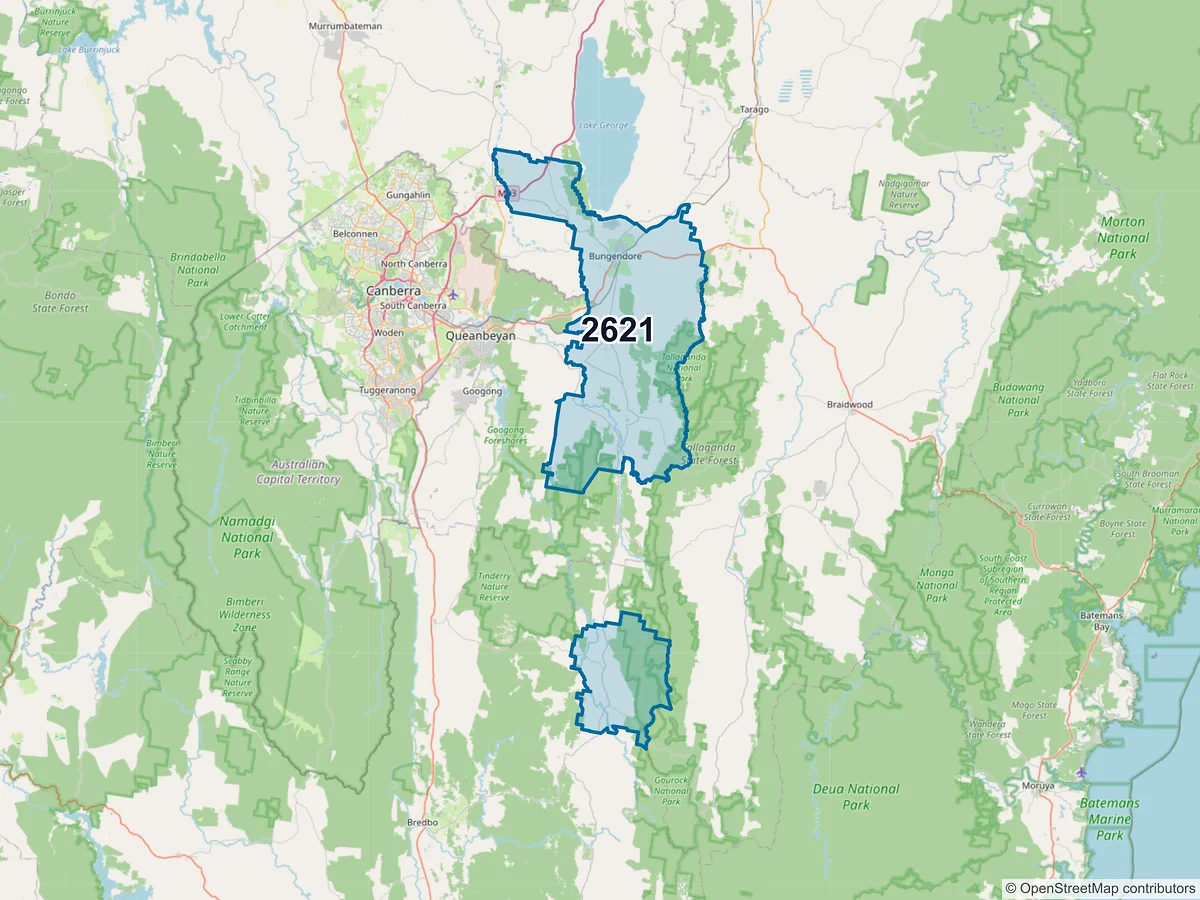 Map of postcode 2621 — Bungendore, NSW, Australia