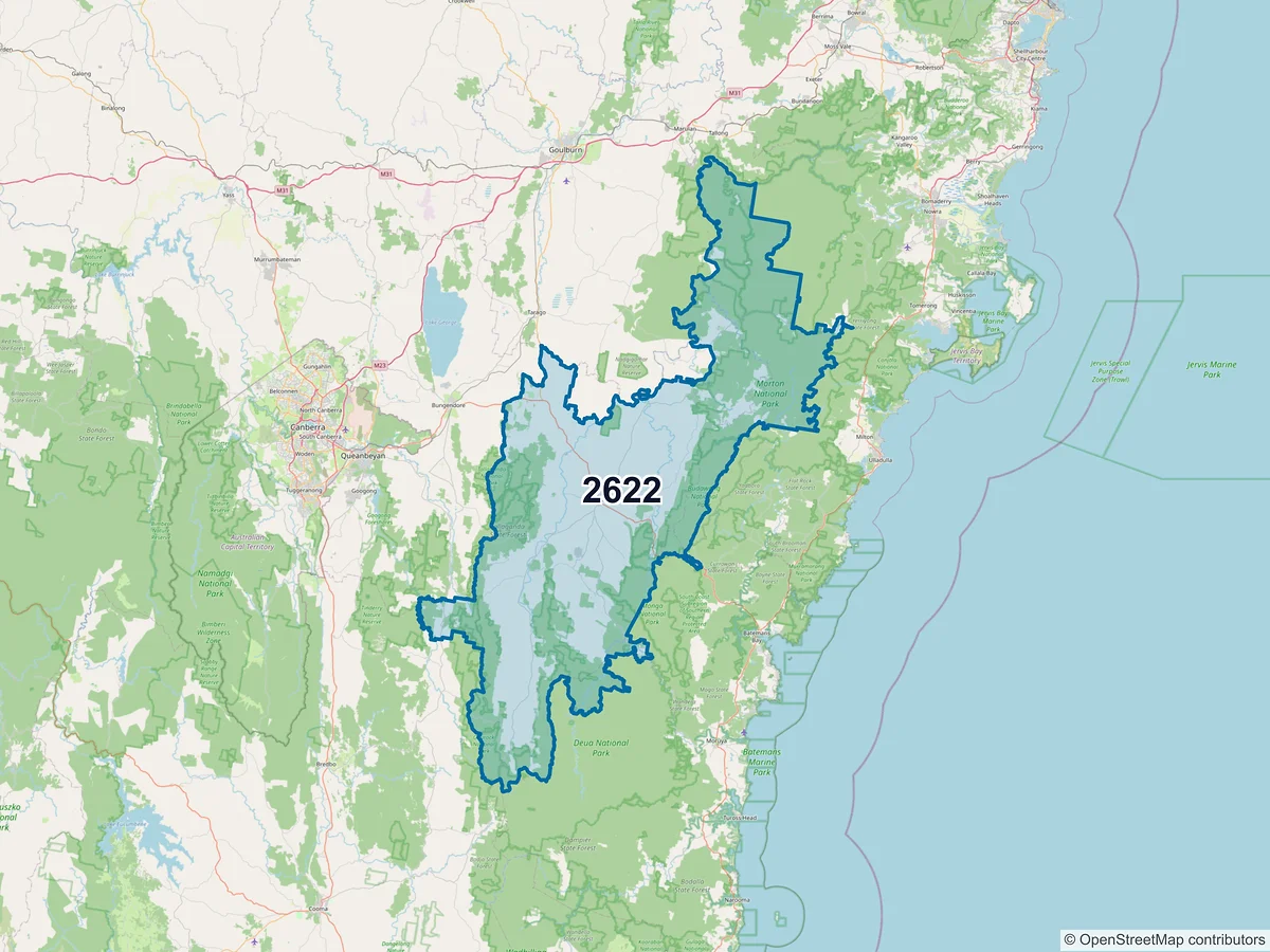 Map of postcode 2622 — Braidwood, NSW, Australia