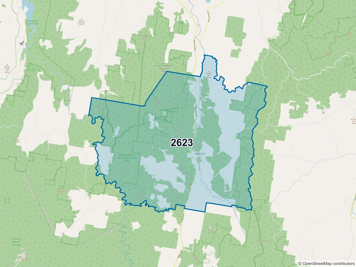 Map of postcode 2623 — Captains Flat, NSW, Australia