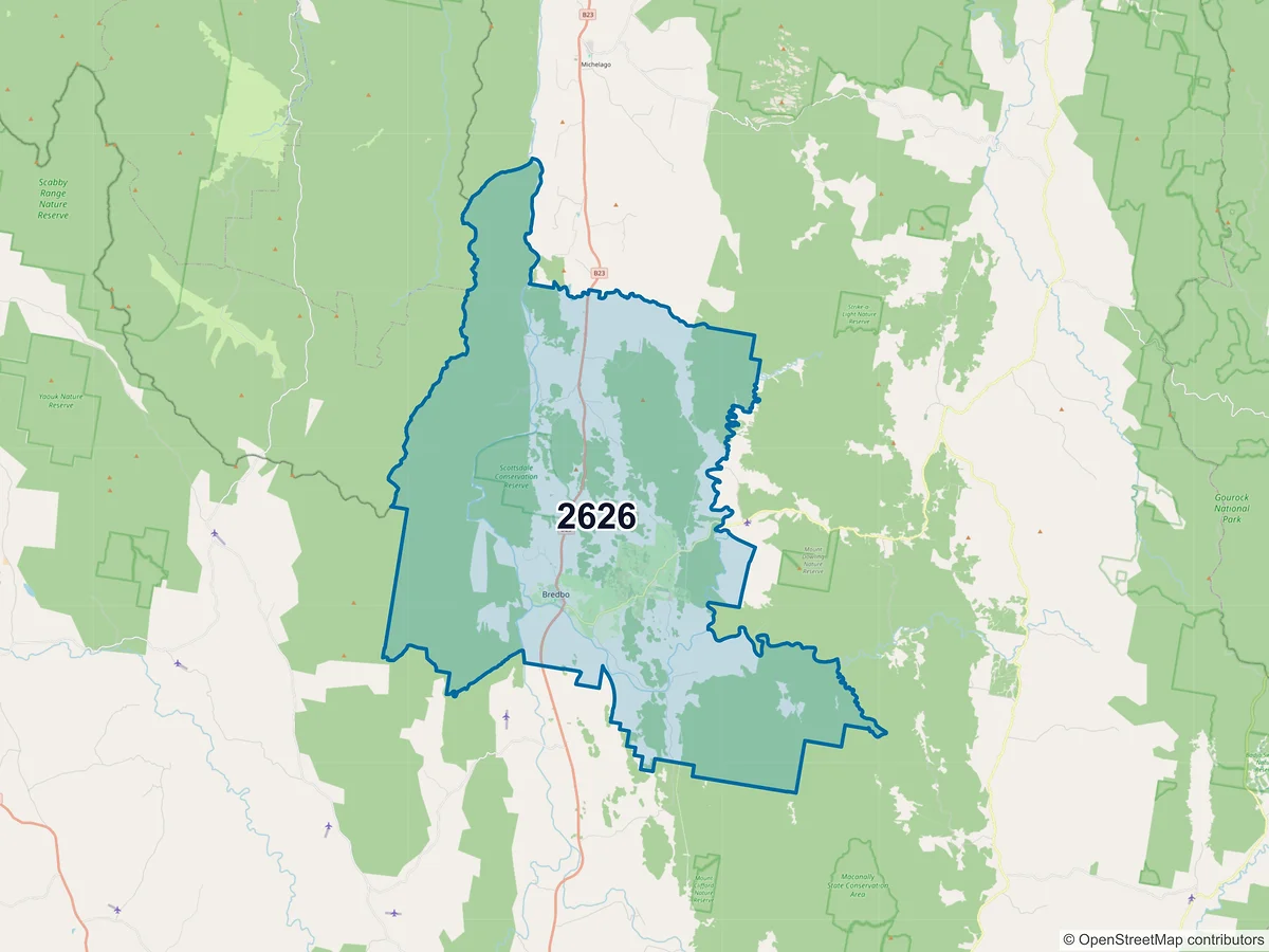 Map of postcode 2626 — Bredbo, NSW, Australia