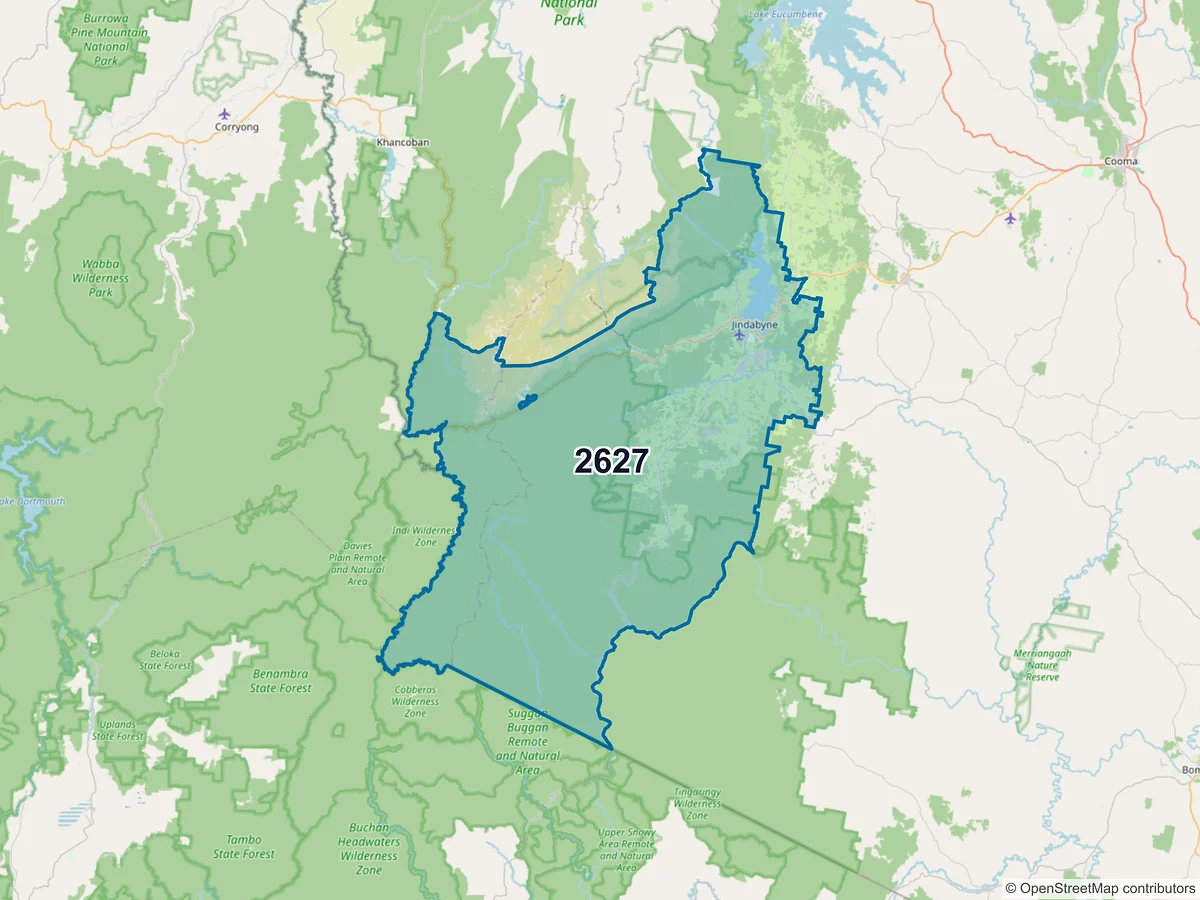 Map of postcode 2627 — Jindabyne, NSW, Australia