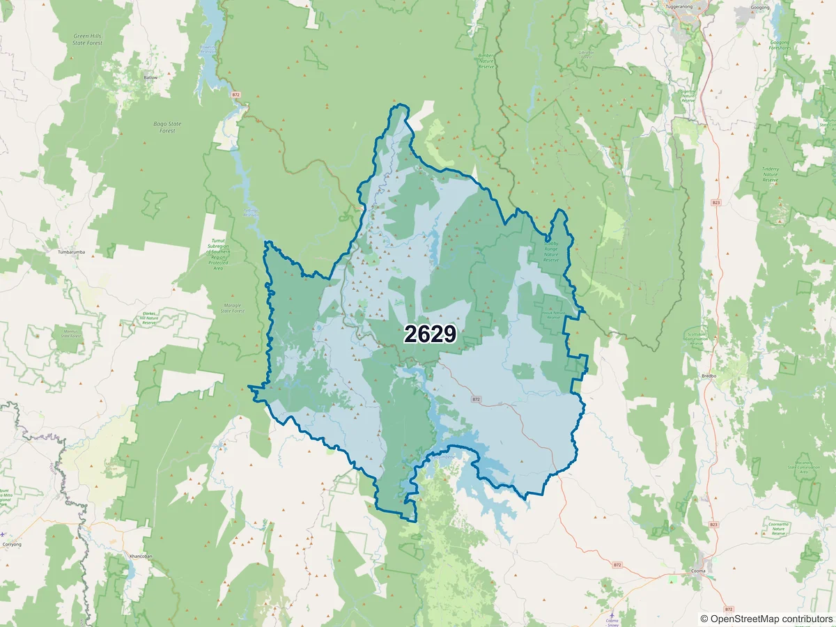 Map of postcode 2629 — Adaminaby, NSW, Australia