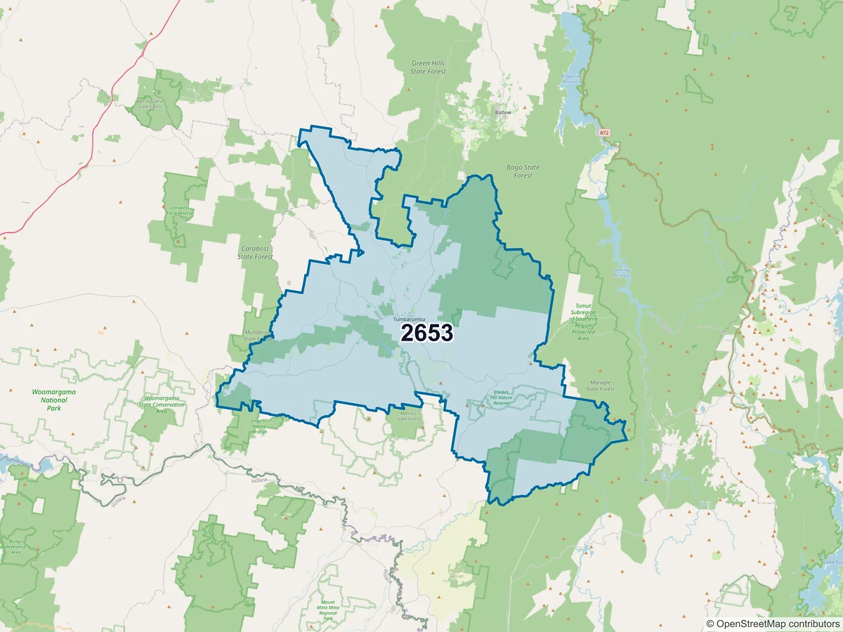 Map of postcode 2653 — Tumbarumba, NSW, Australia