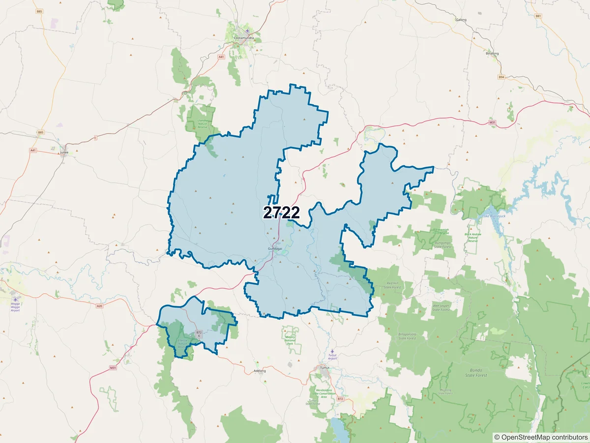 Map of postcode 2722 — Gundagai, NSW, Australia